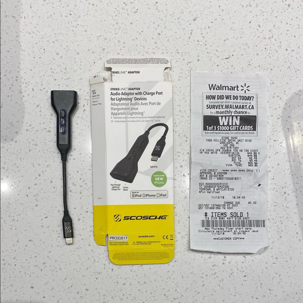 Scosche audio adapter with charge port for lightening devices